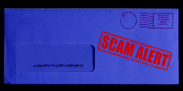 Blue tinted mailing envelop with bright red "SCAM ALERT" stamp